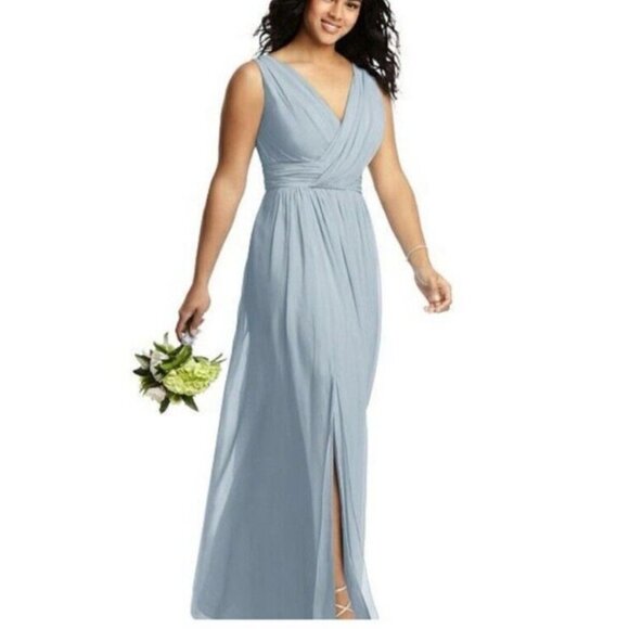 Dessy Collection Formal Dress 6 R Blue MIST 2894 Lux Chiffon V Neck NWT $273 - Picture 1 of 8